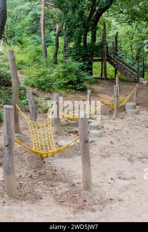 Ponte di corda giallo sospeso tra pali di legno, parte dell'esercizio fisico e percorso ad ostacoli nel parco pubblico, Corea del Sud, Corea del Sud Foto Stock