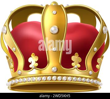 icona vettoriale realistica. Corona reale di re d'oro, monarchia dell'incoronazione reale con velluto rosso e perle. Isolato su sfondo bianco. Illustrazione Vettoriale