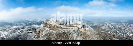 Panorama aereo del vulcano innevato di Hegau Hohentwiel, con le rovine del castello più grandi della Germania, circondato da alberi ghiacciati in un paesaggio invernale Foto Stock