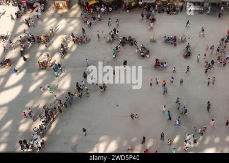 Persone, vista dall'alto di una folla, turisti in fila e a piedi, in piedi sulla piazza sotto la Torre Eiffel, piccioni di strada o piccioni della città, ombra gettata Foto Stock