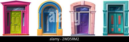 illustrazione stile cartone animato. Porte anteriori in legno di colore verde, blu, porpora ad arco. Illustrazione Vettoriale
