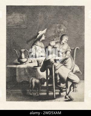 Il fumatore soffia fumo per una donna, Jan Gillisz. Van Vliet, 1634 stampe in un interno ci sono due uomini e una donna intorno a un tavolo. Uno degli uomini soffia il fumo da un tubo in direzione della donna che le tiene la mano in alto. In primo piano un cane. Un peltro è possibile sul tavolo, un roemer e una scatola di tabacco. Incisione/incisione di carta Leiden odore, odore (uno dei cinque sensi). pipa  tabacco. contenitore di metallo: secchio, lattina, tanica, tamburo, stagno. vetro, rummer. cane. tabella Foto Stock