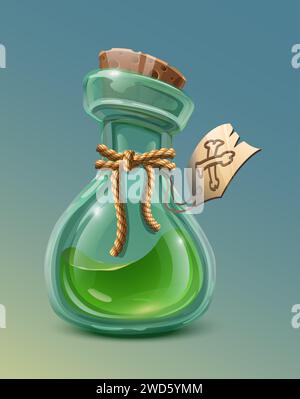 illustrazione dell'icona stile cartone animato. Bottiglia di vetro con sughero con veleno verde interno con corda ed etichetta. Illustrazione Vettoriale