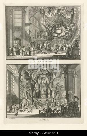 Immagini di divinità cinesi, Bernard Picart (laboratorio di), 1726 fogli stampati con due esibizioni di divinità cinesi. Al piano superiore: Interno di un tempio con un'immagine del dio Vitek. I credenti si inginocchiano nel culto in un altare. A sinistra una processione di credenti che vengono a fare un sacrificio al Dio. Sotto: Interno di un tempio con un'immagine del Dio Matzou. I credenti si inginocchiano nel culto a immagine di Dio. Tra le esibizioni una didascalia in francese. Idee e idee di incisione/incisione su carta di Amsterdam visualizzate  religioni tradizionali cinesi Foto Stock