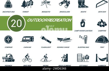 Set di icone per attività ricreative all'aperto. Icone creative: Zaino, foresta, zanzara, binocolo, stivali, seghetto ad arco, mensa dell'acqua da campeggio e molto altro ancora Illustrazione Vettoriale
