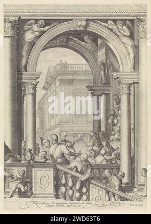 Cristo al pasto nella casa di Levi de Tollenaar (tavola 3), Jan Saenredam, dopo Paolo Veronese, 1639 - 1706 stampa l'interno rinascimentale della Huis van Levi de Tollenaar. In primo piano una scala con ospiti che mangiano. La stampa ha una didascalia latina. Piastra destra di una stampa con una performance da tre lastre. Al dipinto di Paolo Veronese del 1573 nell'Accademia di Venezia. Tipografia: Olanda settentrionale spublisher: Terrazza per incisioni in carta di Amsterdam. scala. cena, cena, cena Foto Stock