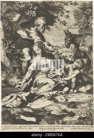 Riposa durante il viaggio di ritorno dall'Egitto, anonimo, dopo Cornelis Cort, dopo Federico Barocci, dopo il 1575 - 1650 ca. Stampa Maria è seduta con il bambino di circa tre anni sulle rive di un ruscello e tiene una piccola ciotola nella mano destra. Dietro di lei Joseph che dà un ramo con ciliegie al bambino. Proprio dietro l'asino per un paesaggio collinare. Sotto lo spettacolo un verso latino. L'incisione/l'incisione di carta di Roma riposa durante il volo in Egitto Foto Stock