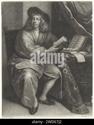 Ritratto di un uomo, forse Jacob de Rijck, Wallerant Vaillant, dopo Jan Verkolje (i), 1658 - 1677 stampa Un giovane, forse il pittore Jacob De Rijck, è seduto a un tavolo e ha un libro in mano. Libri di musica e utensili da scrittura sono sul tavolo. ritratto cartaceo, autoritratto del pittore. edizione stampata della partitura musicale. libro Foto Stock