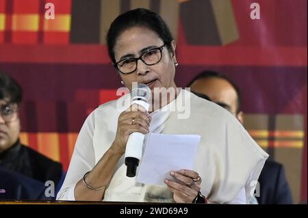 Kolkata, India. 18 gennaio 2024. CALCUTTA, INDIA - 18 GENNAIO: Il primo ministro del Bengala Occidentale Mamata Banerjee affronta il discorso inaugurale alla 47a Fiera Internazionale del Libro di Calcutta a Central Park, Salk Lake il 18 gennaio 2024 a Calcutta, India. (Foto di Samir Jana/Hindustan Times/Sipa USA) credito: SIPA USA/Alamy Live News Foto Stock