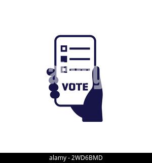 Vota, icona di votazione intelligente con il telefono in mano Illustrazione Vettoriale