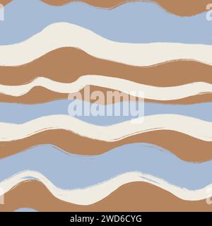 Motivo senza cuciture disegnato a mano con curve a onde blu e marrone beige, motivo astratto. Decorazioni neutre in stile deserto dune, sfondo in tessuto semplice ed elegante, stampa naturale Foto Stock