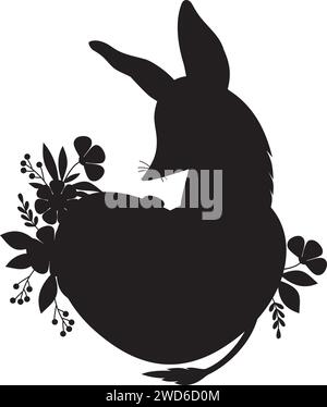 Silhouette animale australiano bilby con cuore e fiori. Valentine, un personaggio innamorato. Disegno a mano nera. Illustrazione vettoriale Illustrazione Vettoriale