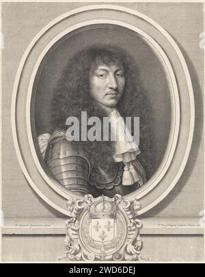 Ritratto di Luigi XIV, re di Francia, con colletto in pizzo con due pennelli, Pieter van Schuppen, dopo Nicolas Mignard, stampa del 1661 incisione di carta parigina Foto Stock