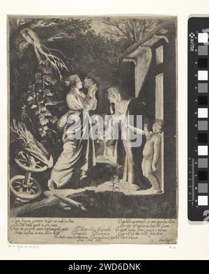 Ascalabus beledigt Cerere, capitale del Bernardino, dopo Adam Elsheimer, stampa del 1633 scena notturna con Cerere che riposa in una capanna, dove una donna anziana le dà da bere. CERES beve da una brocca. Il figlio maleducato della donna (Ascalabus) della donna è in primo piano. Indica Cerere e la chiama avida. Testo in STUDMARGE. Incisione su carta italiana (storia di) Cerere (Demetra). Ascalabus (Stellio, Abas) si trasformò in una lucertola: Cerere trasformò il ragazzo in una lucertola come punizione per averla derisa, quando placò la sua sete troppo avidamente (Ovidio, Metamorfosi V 456) Foto Stock