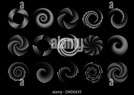 Icone dei mezzitoni tratteggiate a spirale. Set di loghi futuristici digitali Vortex. Forme geometriche vettoriali Illustrazione Vettoriale