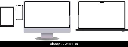 Dispositivi elettronici sfondo bianco, computer desktop, laptop, tablet e telefoni cellulari Illustrazione Vettoriale