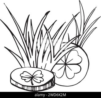 Soldi fortunati di leprechaun nascosti nell'erba. contesto. Disegno a linee di monete con ciondolo portafortuna a quadrifoglio. Design Doodle Illustrazione Vettoriale