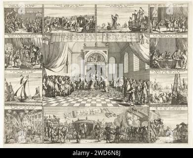 Matrimonio del principe Guglielmo III e Maria Stuart, 1677, Johannes Jacobsz van den Aveele, 1677 stampa matrimonio del principe Willem III e Maria Stuart il 14 novembre 1677 a Whitehall a Londra. Foglia con una rappresentazione centrale del matrimonio, circondata da scene più piccole 1-11 degli eventi precedenti e successivi. Matrimonio con incisione di carta nei Paesi Bassi del Nord, coppia sposata, "Marriage" Whitehall's Palace (Londra) Foto Stock