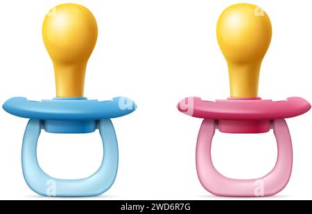 icona vettoriale realistica. Succhietto per bambini e bambine. Blu e rosa. Illustrazione Vettoriale
