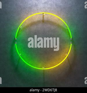 Cornice al neon tonda su parete in cemento grigio scuro. Sfumatura colore da verde a giallo. illustrazione 3d. Foto Stock