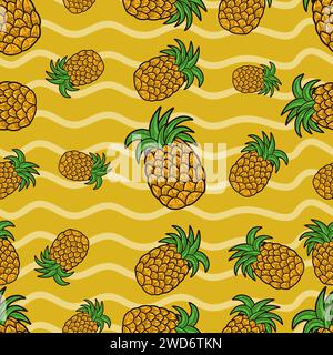 Motivo senza cuciture frutto dell'ananas in stile cartone animato. Perfetto per sfondo, sfondo, sfondo e copertina. Illustrazione vettoriale. Illustrazione Vettoriale