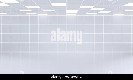 Illustrazione 3D di interni moderni e luminosi con pareti bianche e plafoniere. Foto Stock
