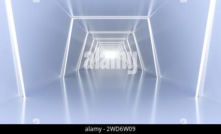 Corridoio futuristico vuoto bianco, strisce luminose, superfici lucide, illustrazione 3D. Foto Stock