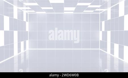 Camera moderna e minimalista bianca con pavimento riflettente e illuminazione luminosa. Illustrazione 3D. Foto Stock