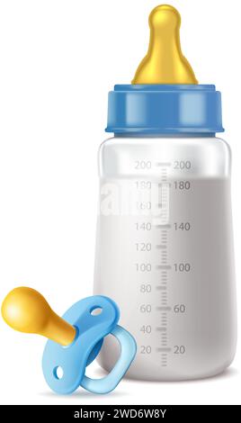 illustrazione realistica dell'icona vettoriale. Biberon blu con succhietto. Isolato su bianco. Illustrazione Vettoriale