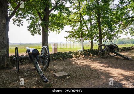 Cannon al Gettysburg National Military Park, campo di battaglia della guerra di secessione americana, a Gettysburg, Pennsylvania, USA Foto Stock