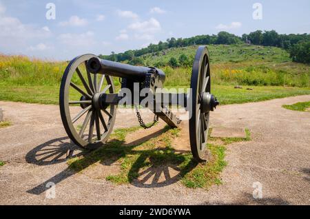 Cannon al Gettysburg National Military Park, campo di battaglia della guerra di secessione americana, a Gettysburg, Pennsylvania, USA Foto Stock