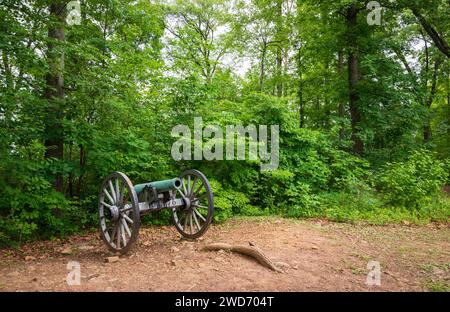 Cannon al Gettysburg National Military Park, campo di battaglia della guerra di secessione americana, a Gettysburg, Pennsylvania, USA Foto Stock