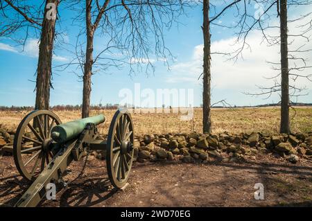 Cannon al Gettysburg National Military Park, campo di battaglia della guerra di secessione americana, a Gettysburg, Pennsylvania, USA Foto Stock