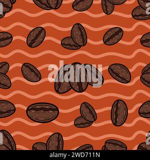 Motivo chicchi di caffè senza cuciture in stile cartone animato. Perfetto per sfondo, sfondo, sfondo e copertina. Illustrazione vettoriale. Illustrazione Vettoriale