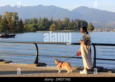 Una giovane donna con un cane al guinzaglio alla diga di Vancouver, British Columbia, Canada Foto Stock
