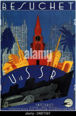 Maxim Litvak-Maximov. Visita l'URSS. 1930 - pubblicità e propaganda sovietica d'epoca - "БЕСУЧЕТ" - "SENZA CONTO" questa immagine è un poster di viaggio con il testo "URSS" stilizzato in tutto il centro, che rappresenta vari simboli architettonici e culturali dell'Unione Sovietica. Lo stile ricorda i poster di viaggio Art Deco, con un design essenziale e forme semplici e audaci. Foto Stock