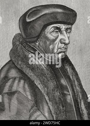 Erasmus (c. 1466-1536). Teologo olandese, filosofo e umanista. Ritratto. Incisione. Sciences & Lettres au Moyen Age et à l'époque de la Renaissance. París, 1877. Foto Stock