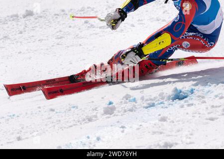 Vista ravvicinata sullo sci alpino lungo una pista da sci alpina Foto Stock