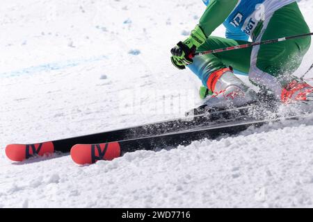 Vista ravvicinata sullo sci alpino lungo una pista da sci alpina Foto Stock