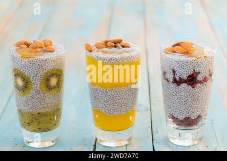 vari budini con chia kiwi melograno e mango Foto Stock