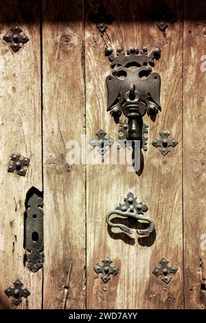 Vecchia porta in legno con battente e maniglia in ferro battuto d'uccello Foto Stock