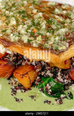 filetto di salmone grigliato con salsa e verdure Foto Stock