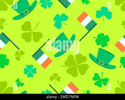 Motivo senza cuciture con bandiera irlandese, foglie di trifoglio e cappello in leprechaun per St. Patrick's Day. Simboli della festa irlandese. Design festivo per la carta da parati, Illustrazione Vettoriale
