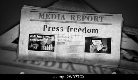 Libertà di stampa e giornalismo libero notizie vintage e stampa di giornali. Titolo retro concept astratto illustrazione 3D. Foto Stock