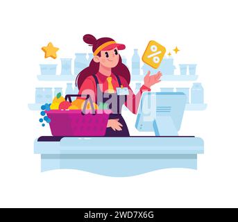 Immagine di una cassiera venditrice in un supermercato. Vettore. Un personaggio in un negozio dietro il registratore di cassa vende beni. Mascotte eroina per un gatto Illustrazione Vettoriale