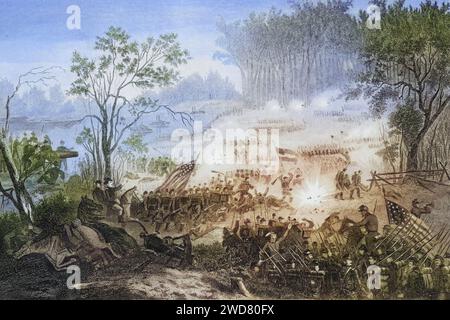 Die Schlacht bei Pittsburg Landing, auch bekannt als die Schlacht von Shiloh, Tennessee 1862, USA, Historisch, digital restaurierte Reproduktion von einer Vorlage aus dem 19. Jahrhundert, data record non indicata Foto Stock