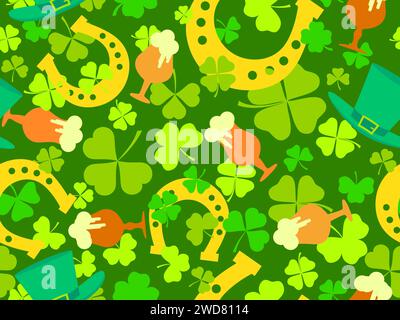 Motivo senza cuciture con foglie di trifoglio, bicchieri di birra, cappello in leprecaun e ferro di cavallo per St. Patrick's Day. Tazze di birra con schiuma. Sfondo festivo, Illustrazione Vettoriale