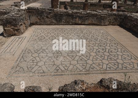 Mosaici trovati nelle esplorazioni archeologiche delle rovine romane di Conimbriga, Portogallo. Foto Stock