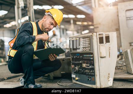 giovane ingegnere che controlla la riparazione dei pezzi di ricambio della macchina. un tecnico che lavora in una fabbrica dell'industria pesante che controlla la vecchia macchina Foto Stock
