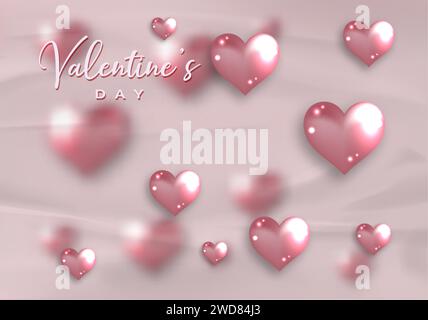 Buon San Valentino, elegante card. Cuori in vetro rosa lucido 3D su vecchio sfondo di carta rosa. Poster Fashion Holiday, gioielli. Concept per San Valentino Illustrazione Vettoriale